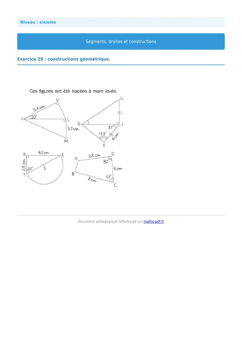 Segments, droites et constructions : exercice n°28 de maths en 6ème corrigé en PDF