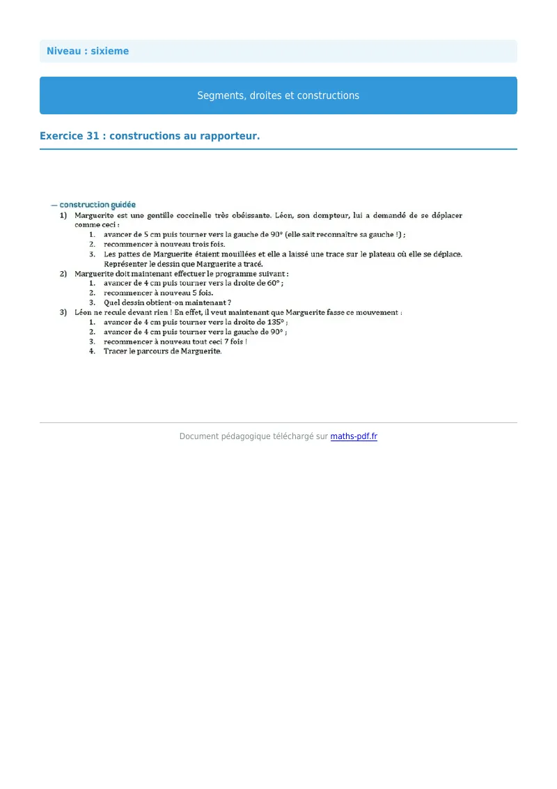Segments, droites et constructions : exercice n°31 de maths en 6ème corrigé en PDF