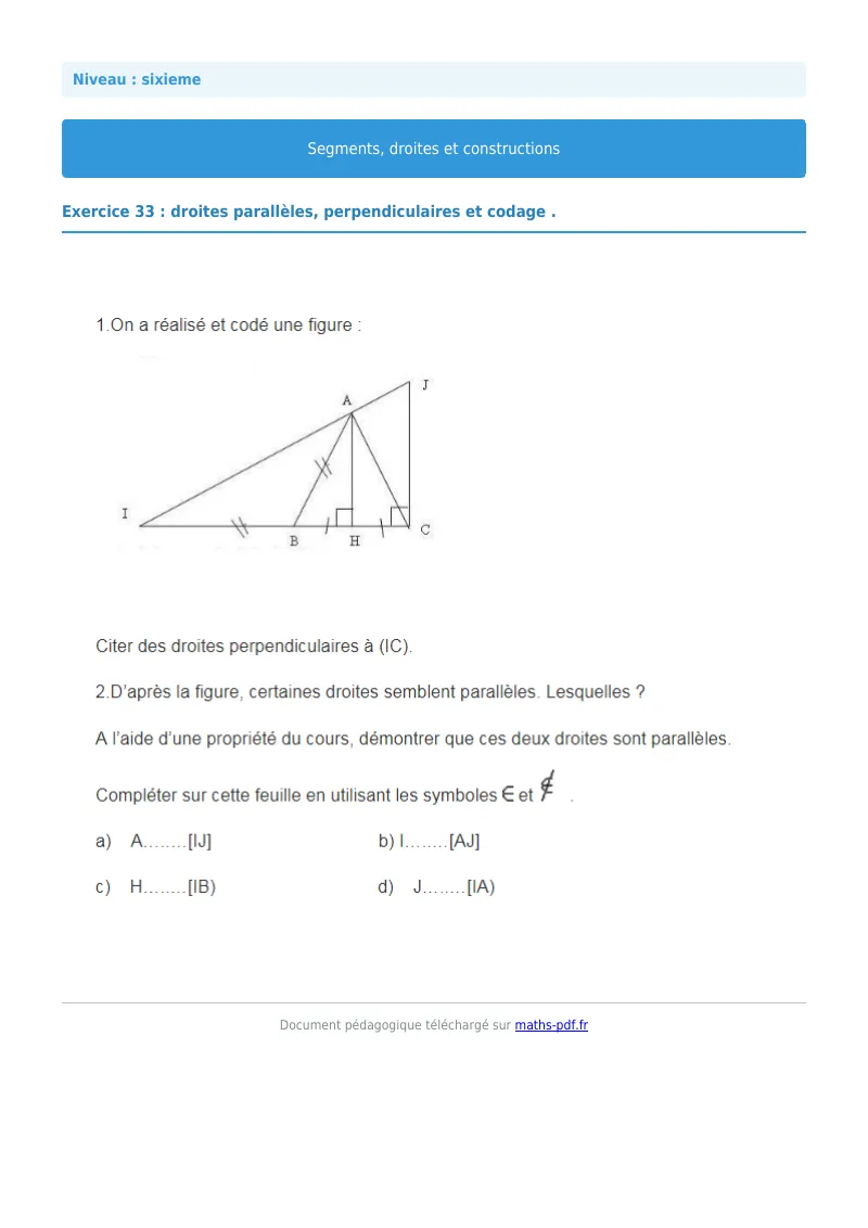 Segments, droites et constructions : exercice n°33 de maths en 6ème corrigé en PDF