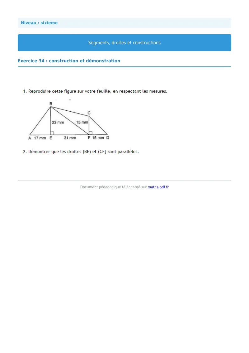 Segments, droites et constructions : exercice n°34 de maths en 6ème corrigé en PDF