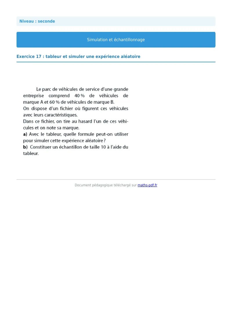 Simulation et échantillonnage : exercice n°17 de maths en seconde corrigé en PDF