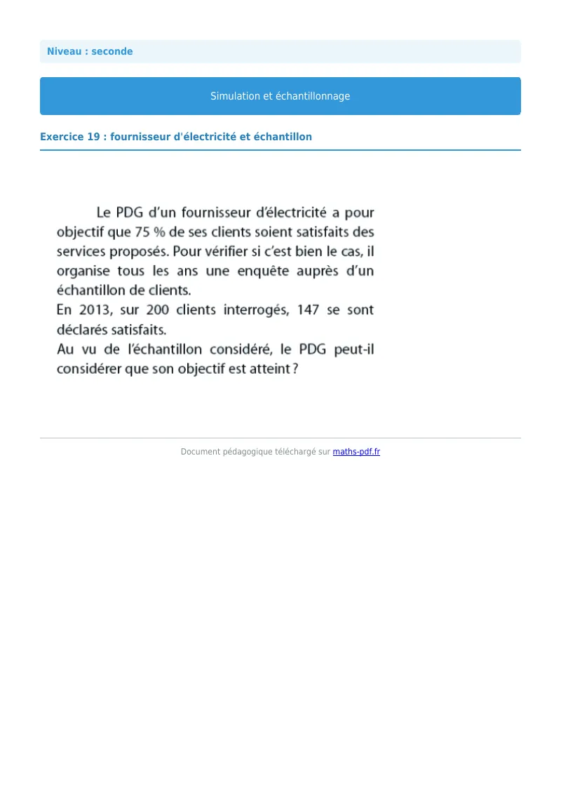 Simulation et échantillonnage : exercice n°19 de maths en seconde corrigé en PDF