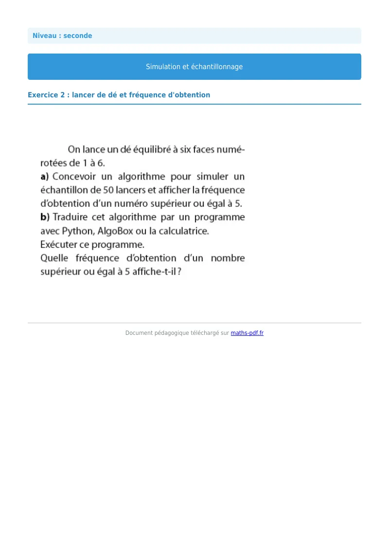 Simulation et échantillonnage : exercice n°2 de maths en seconde corrigé en PDF