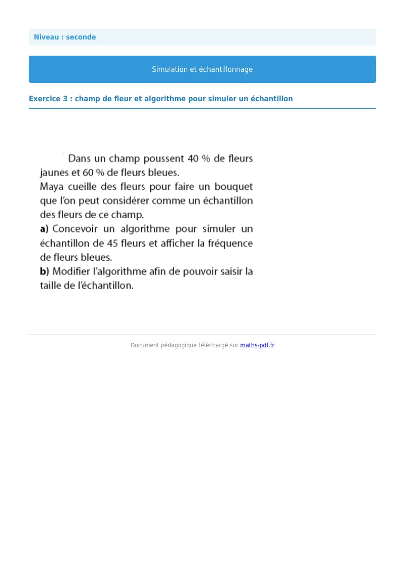 Simulation et échantillonnage : exercice n°3 de maths en seconde corrigé en PDF