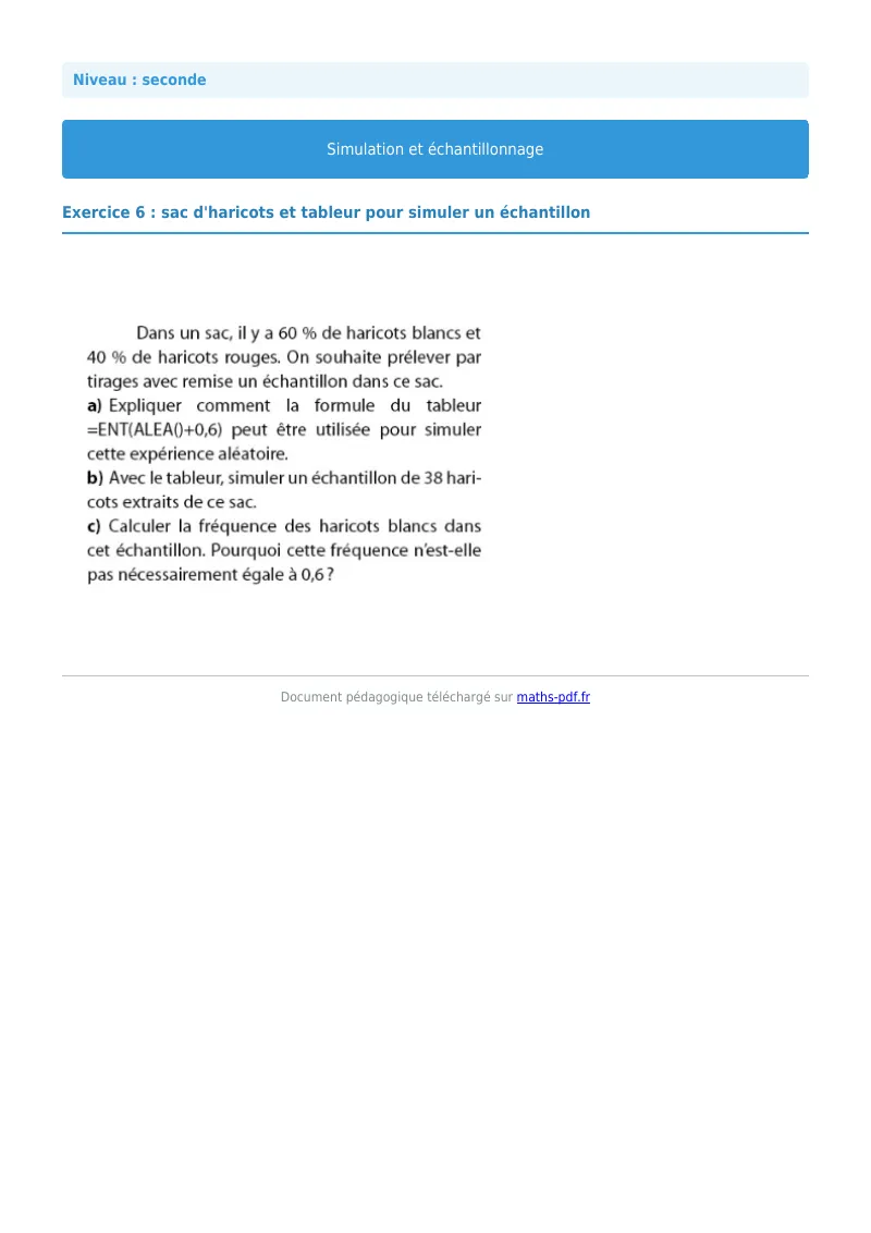 Simulation et échantillonnage : exercice n°6 de maths en seconde corrigé en PDF