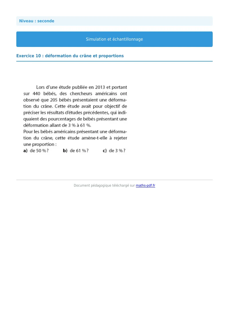 Simulation et échantillonnage : exercice n°10 de maths en seconde corrigé en PDF