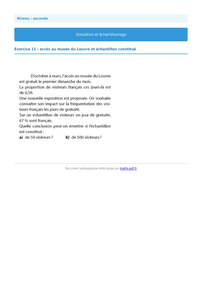 Simulation et échantillonnage : exercice n°11 de maths en seconde corrigé en PDF