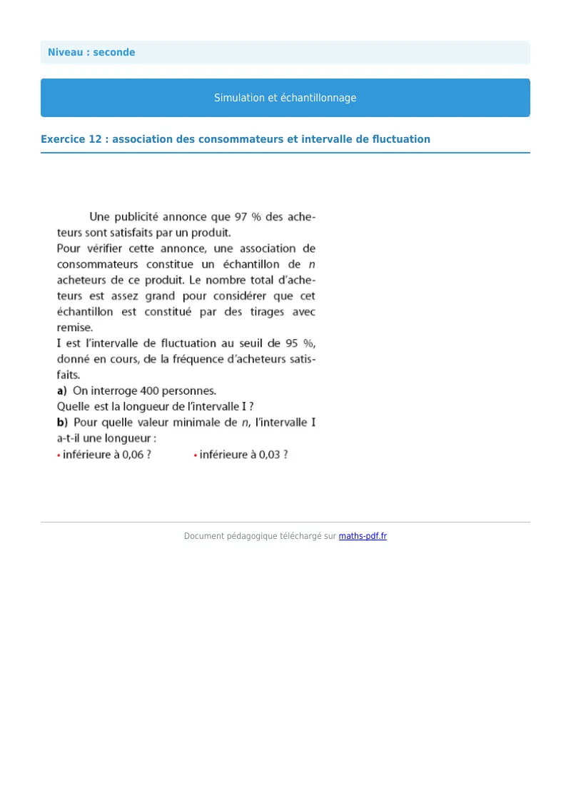Simulation et échantillonnage : exercice n°12 de maths en seconde corrigé en PDF