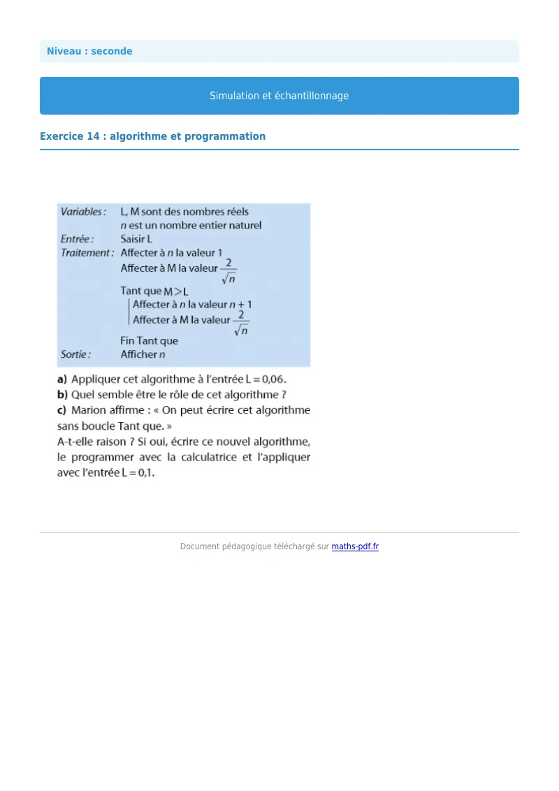 Simulation et échantillonnage : exercice n°14 de maths en seconde corrigé en PDF