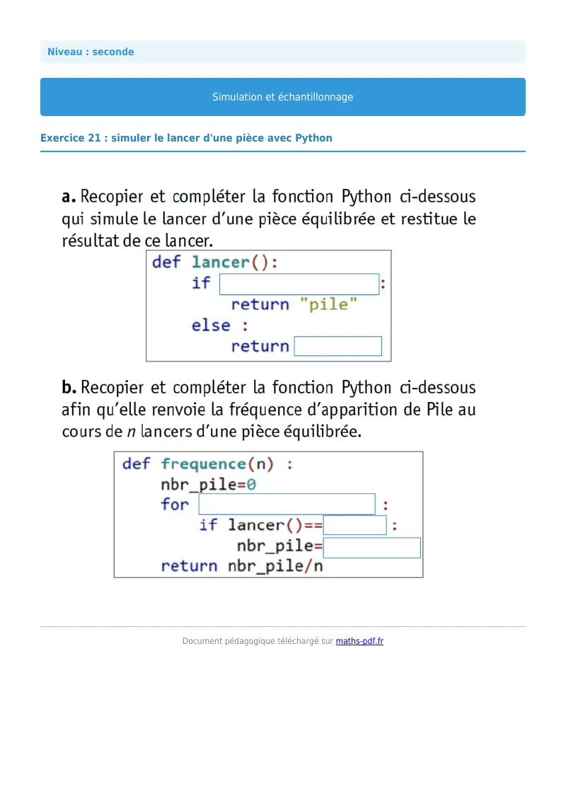 Simulation et échantillonnage : exercice n°21 de maths en seconde corrigé en PDF
