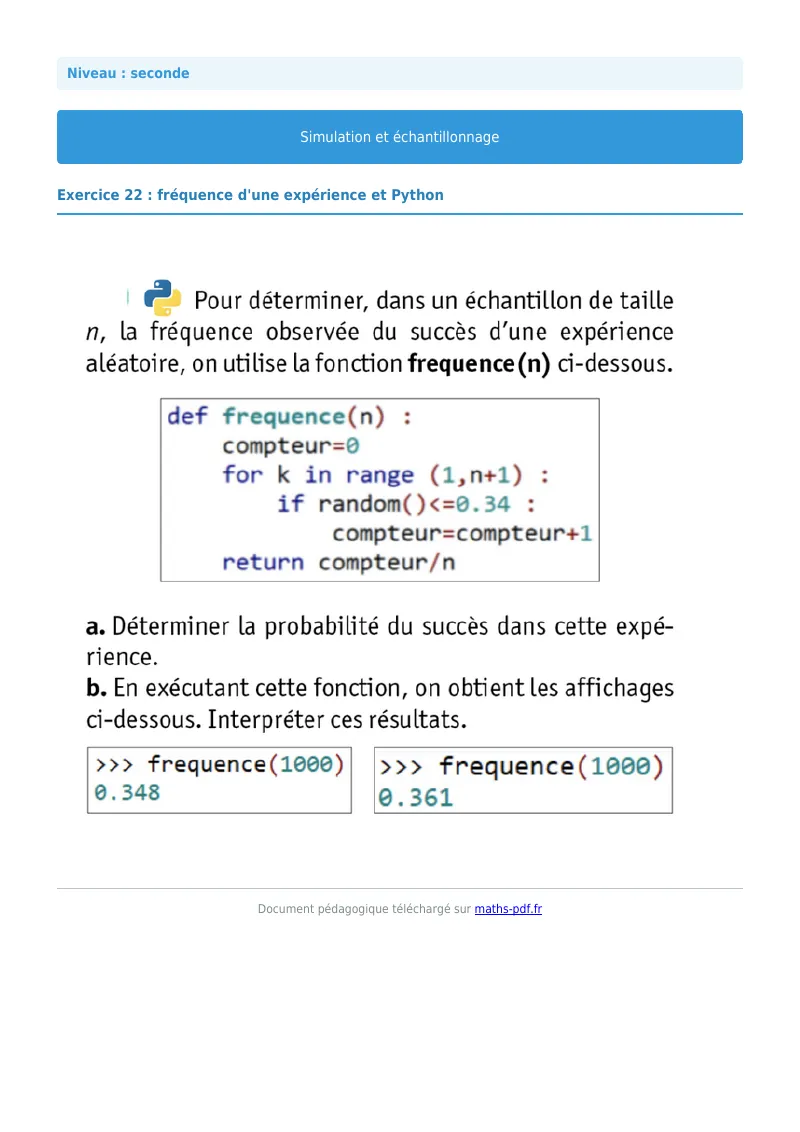 Simulation et échantillonnage : exercice n°22 de maths en seconde corrigé en PDF