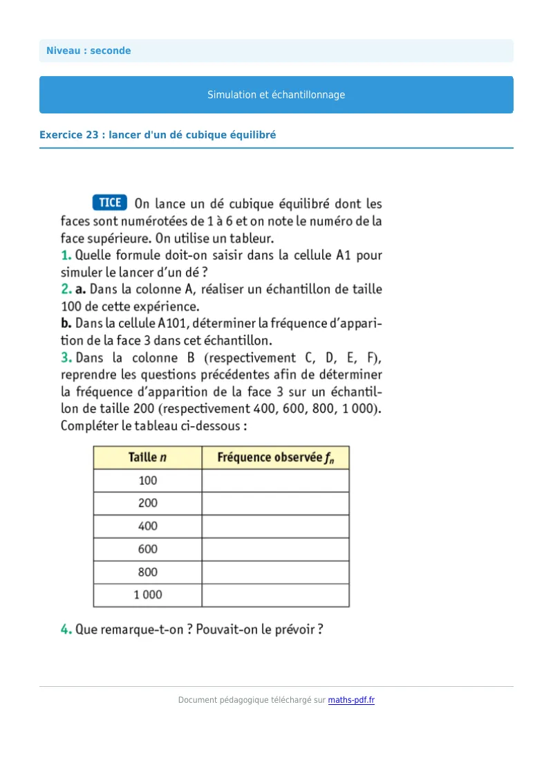 Simulation et échantillonnage : exercice n°23 de maths en seconde corrigé en PDF