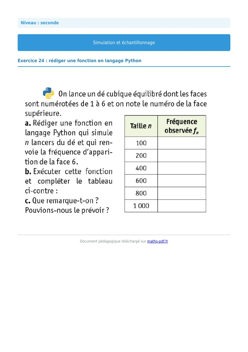 Simulation et échantillonnage : exercice n°24 de maths en seconde corrigé en PDF
