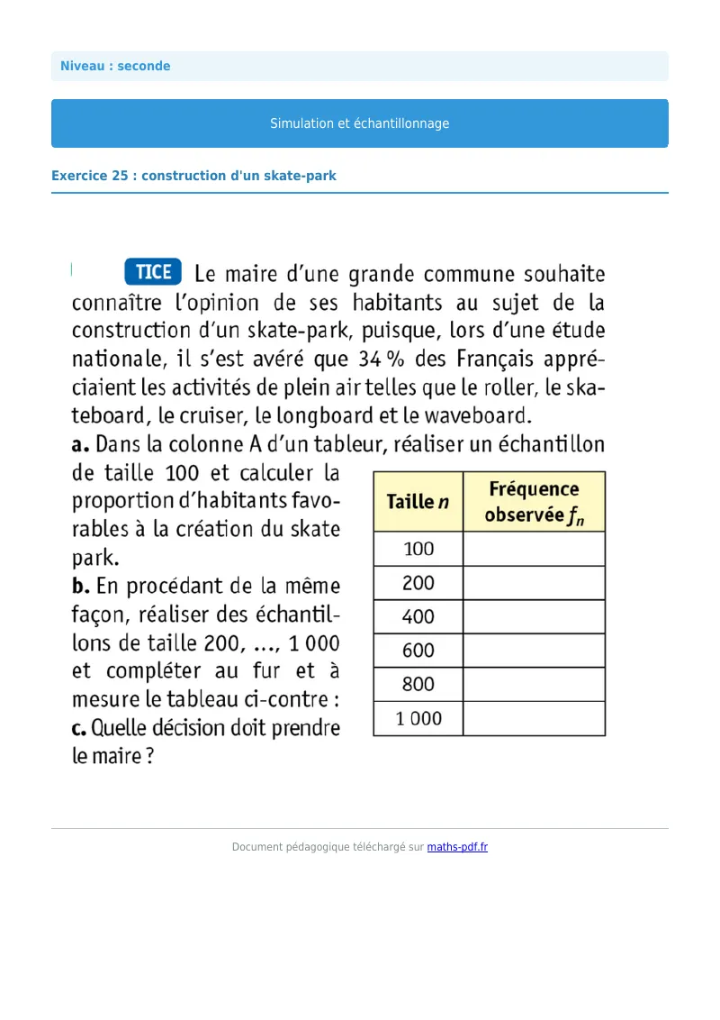 Simulation et échantillonnage : exercice n°25 de maths en seconde corrigé en PDF