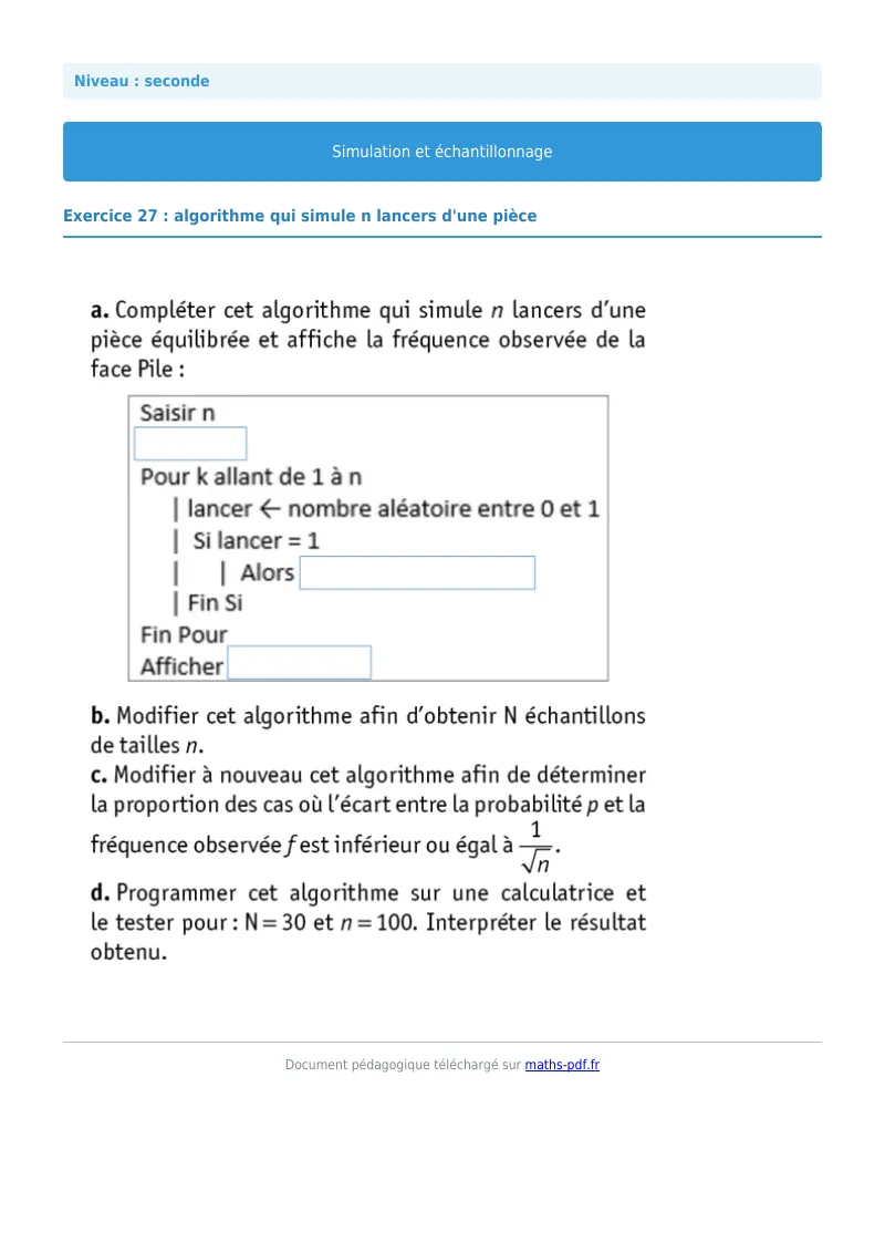Simulation et échantillonnage : exercice n°27 de maths en seconde corrigé en PDF