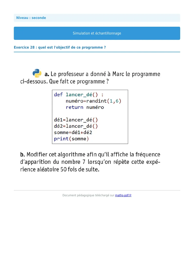 Simulation et échantillonnage : exercice n°28 de maths en seconde corrigé en PDF