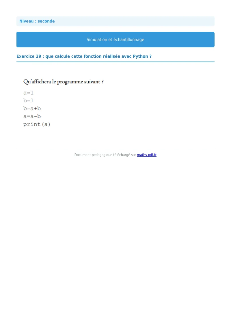 Simulation et échantillonnage : exercice n°29 de maths en seconde corrigé en PDF