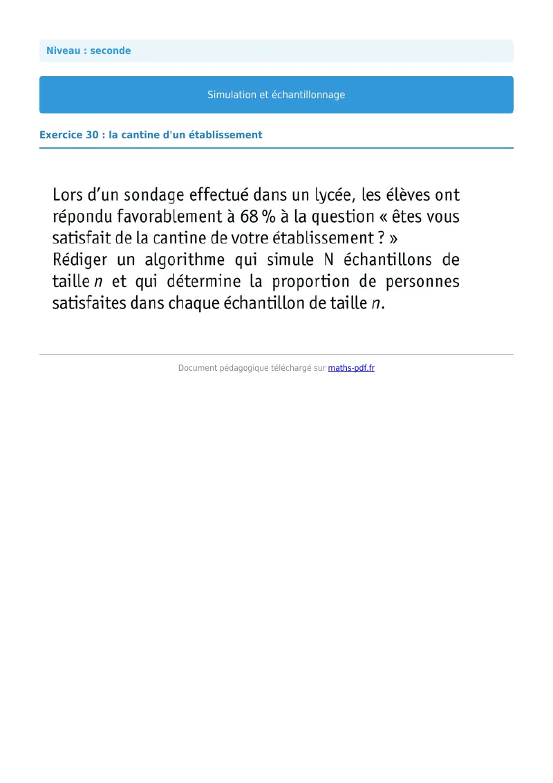 Simulation et échantillonnage : exercice n°30 de maths en seconde corrigé en PDF