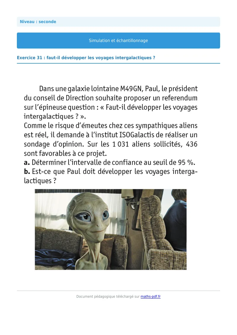Simulation et échantillonnage : exercice n°31 de maths en seconde corrigé en PDF