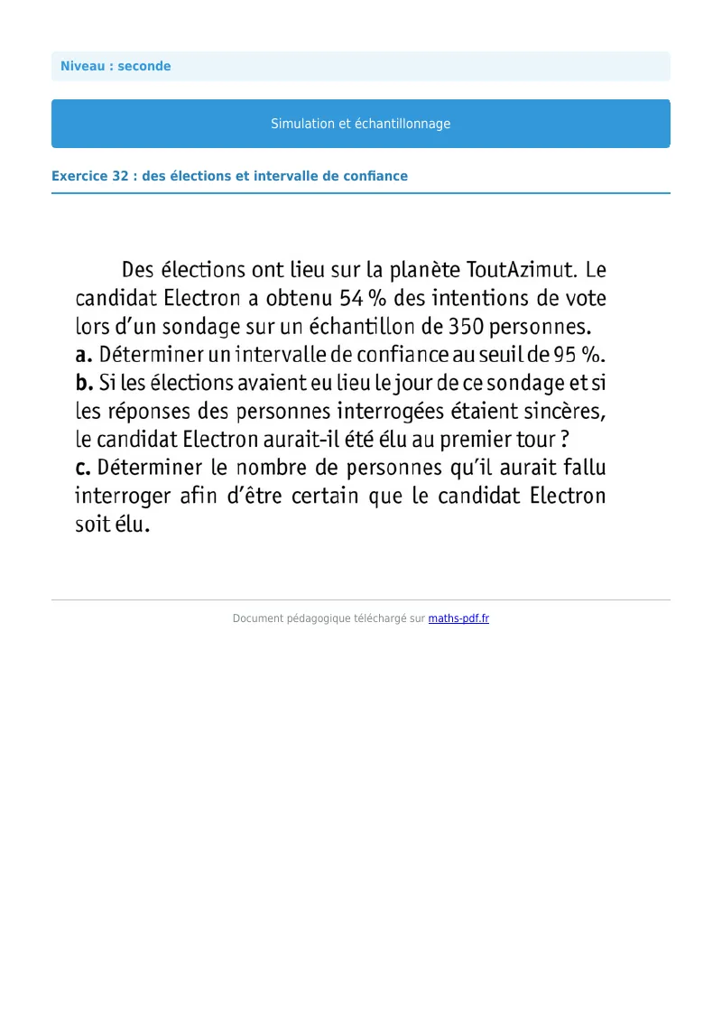 Simulation et échantillonnage : exercice n°32 de maths en seconde corrigé en PDF