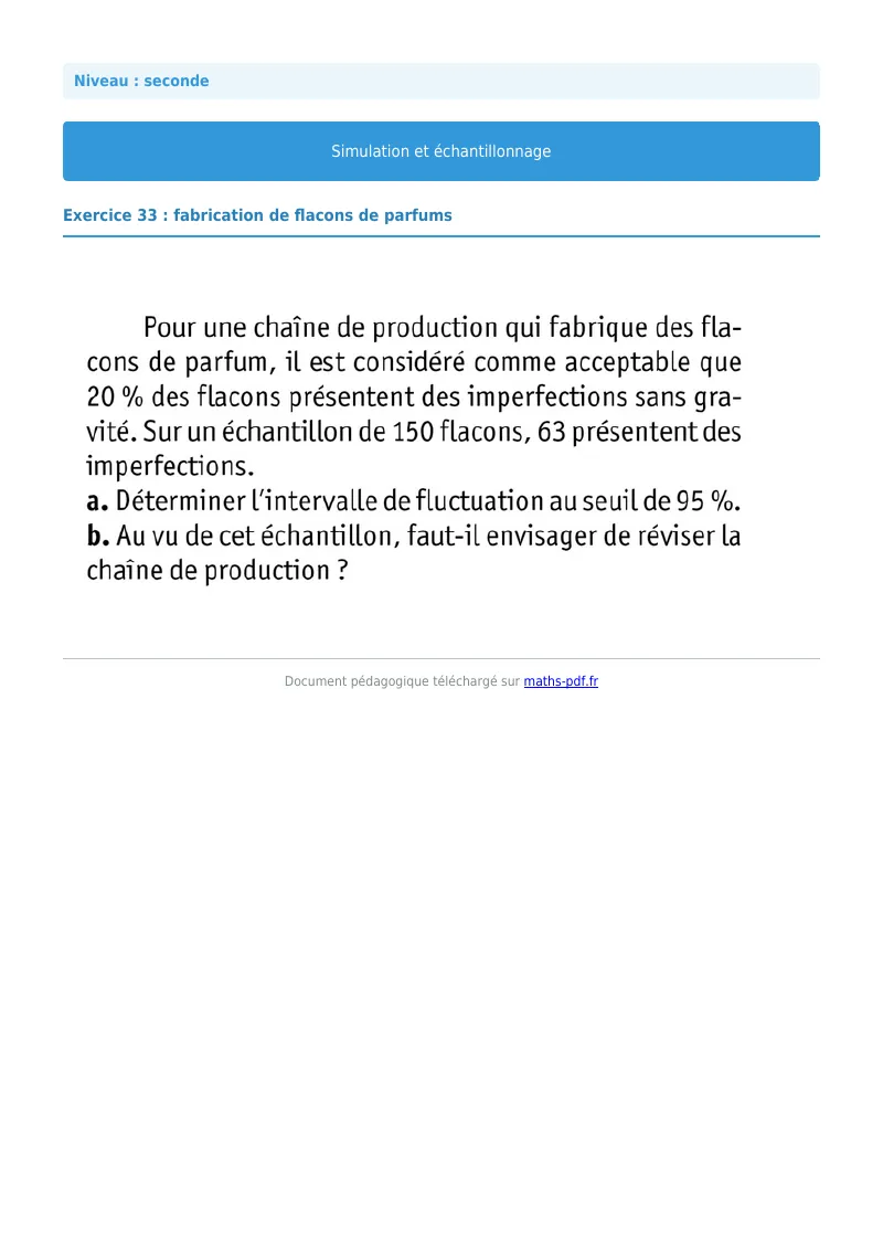 Simulation et échantillonnage : exercice n°33 de maths en seconde corrigé en PDF