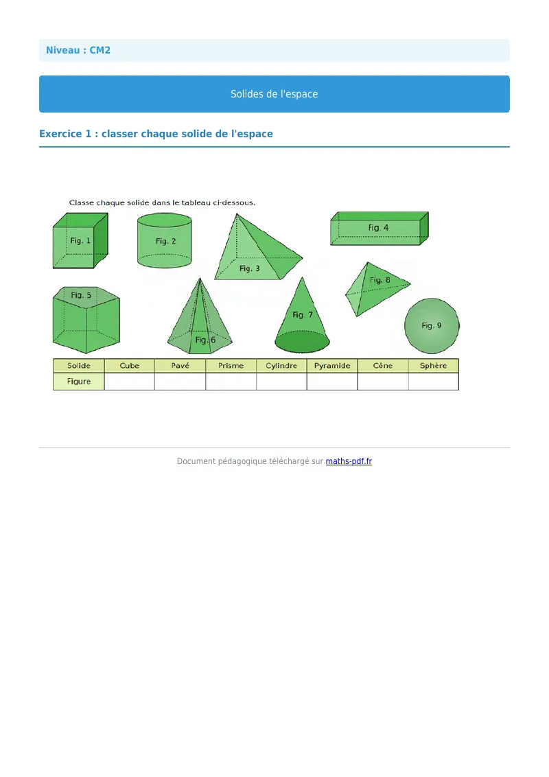 Solides de l’espace : exercice n°1 de maths en CM2 corrigé en PDF