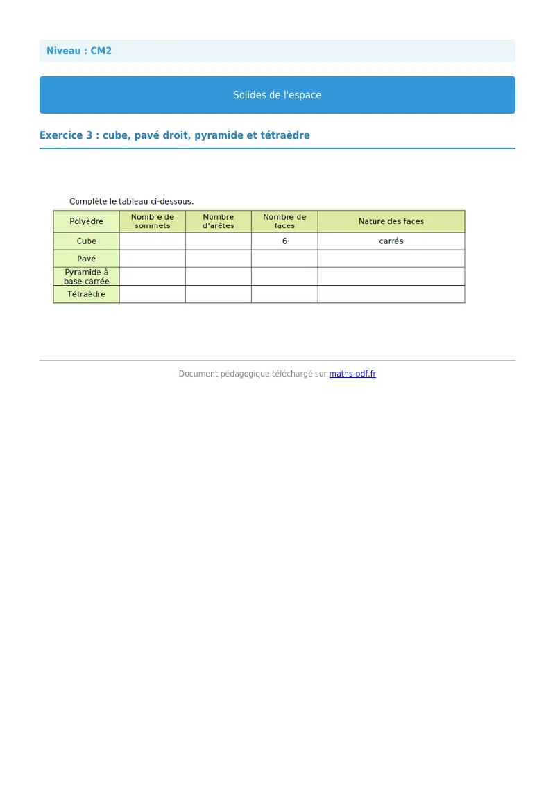Solides de l’espace : exercice n°3 de maths en CM2 corrigé en PDF