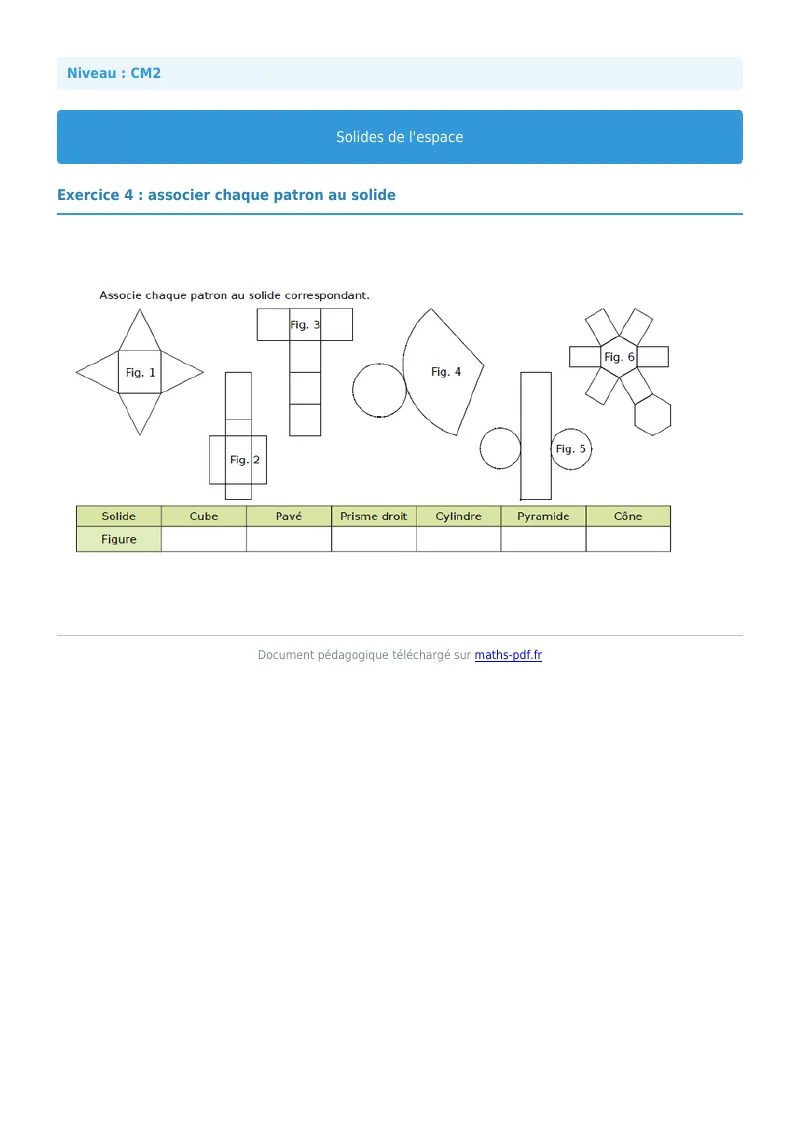 Solides de l’espace : exercice n°4 de maths en CM2 corrigé en PDF