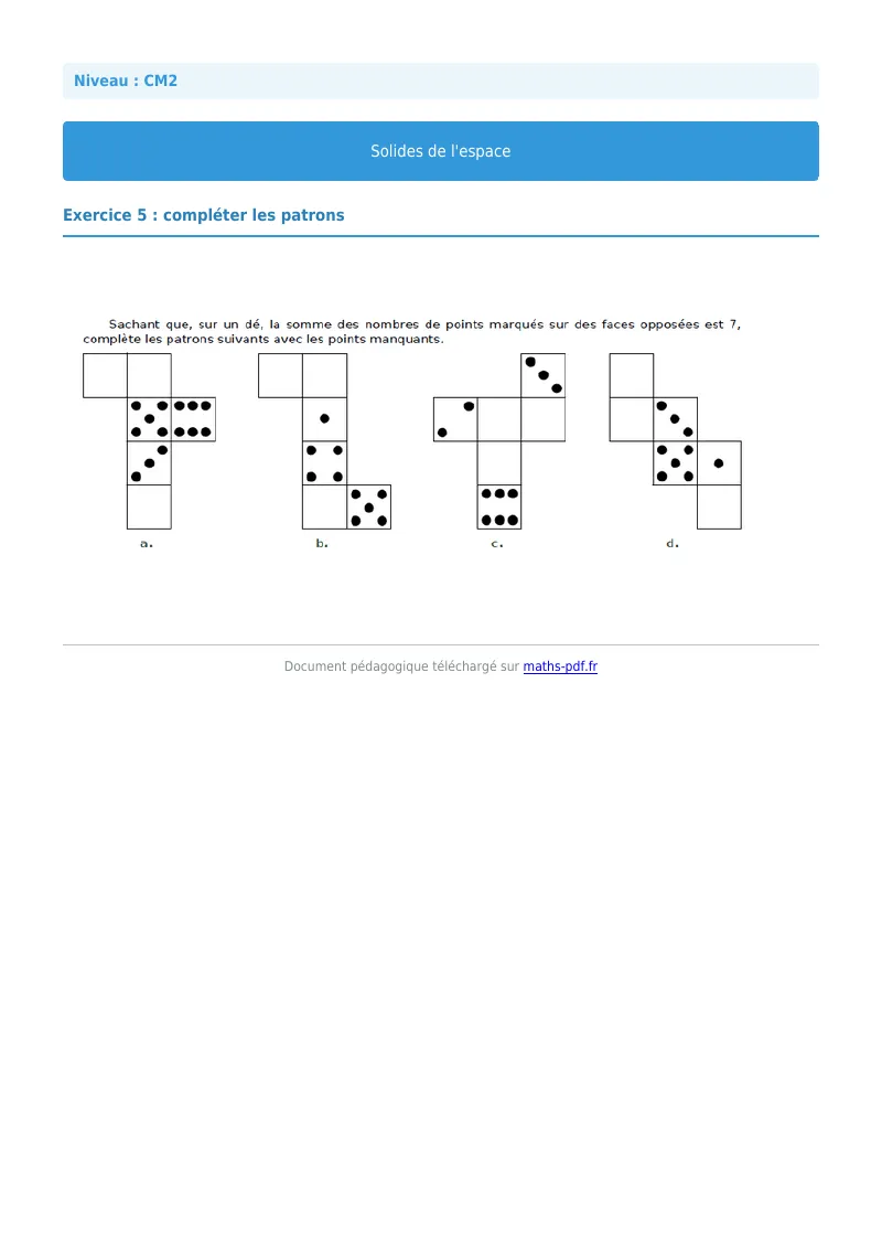 Solides de l’espace : exercice n°5 de maths en CM2 corrigé en PDF