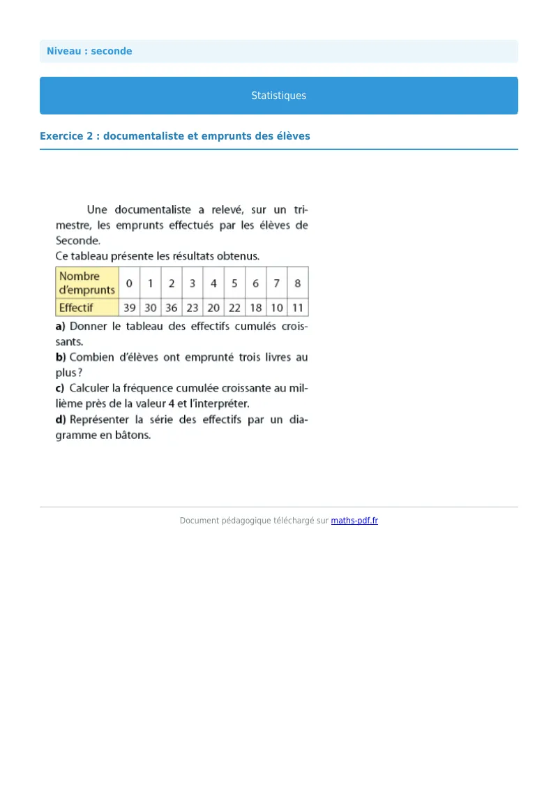 Statistiques : exercice n°2 de maths en seconde corrigé en PDF