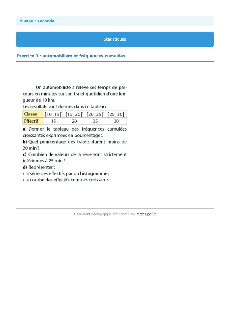 Statistiques : exercice n°3 de maths en seconde corrigé en PDF