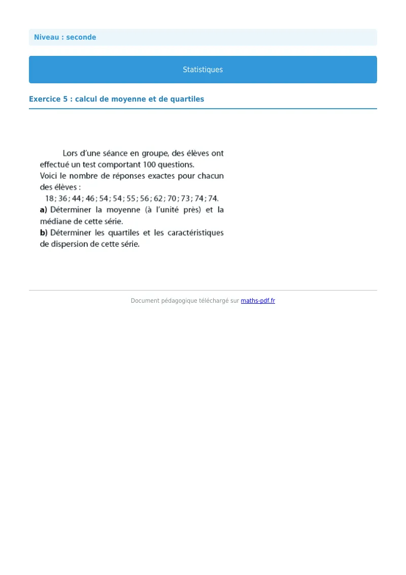 Statistiques : exercice n°5 de maths en seconde corrigé en PDF