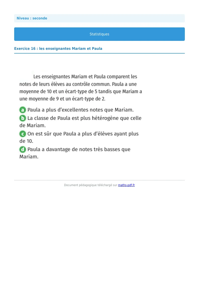 Statistiques : exercice n°16 de maths en seconde corrigé en PDF