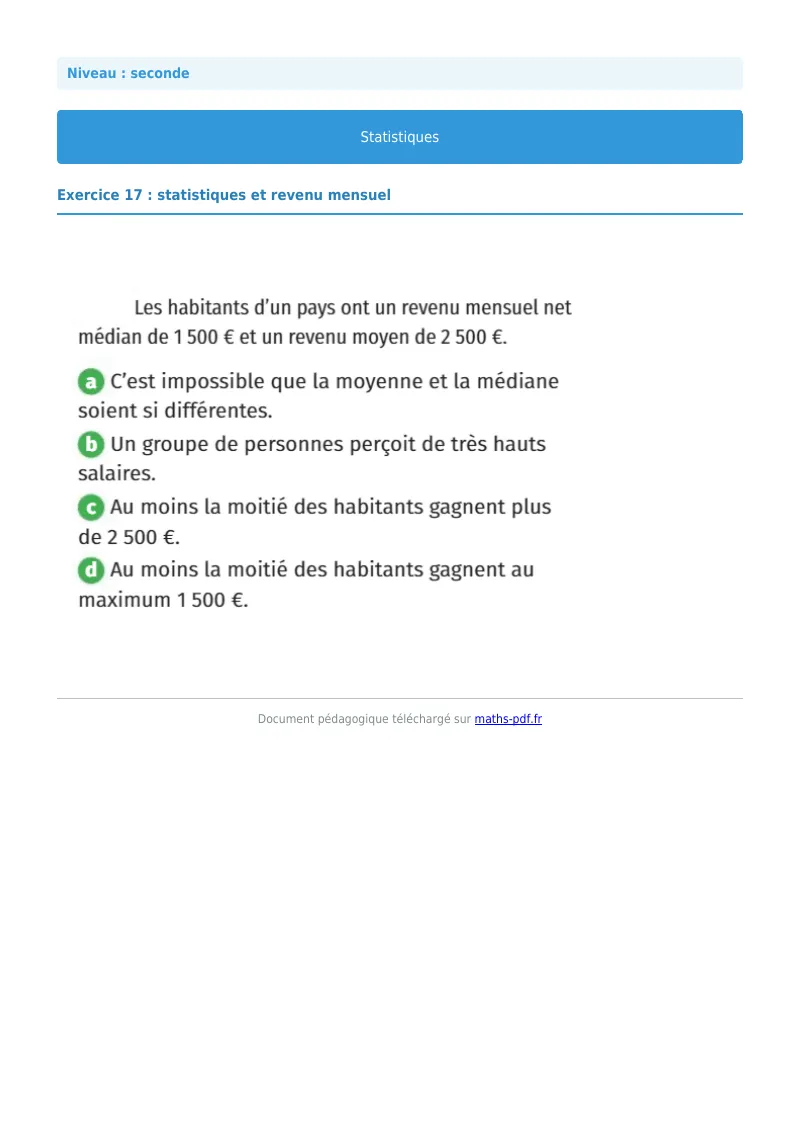 Statistiques : exercice n°17 de maths en seconde corrigé en PDF