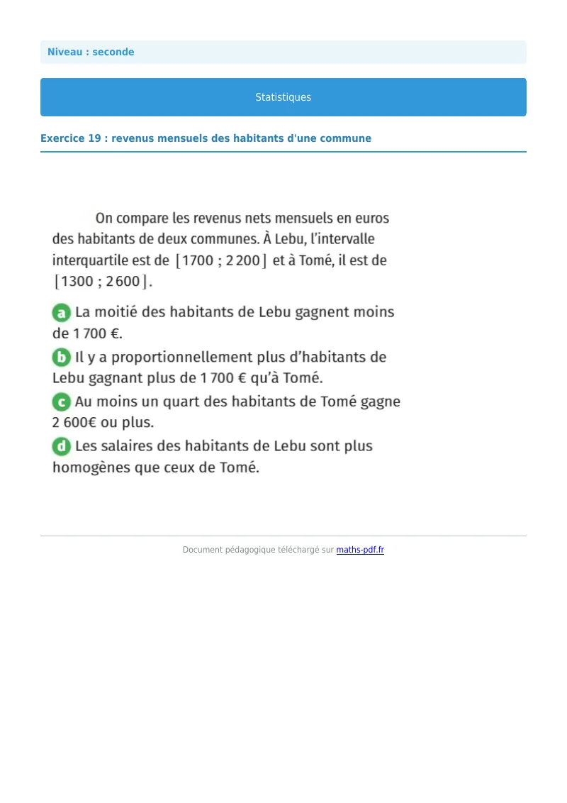 Statistiques : exercice n°19 de maths en seconde corrigé en PDF