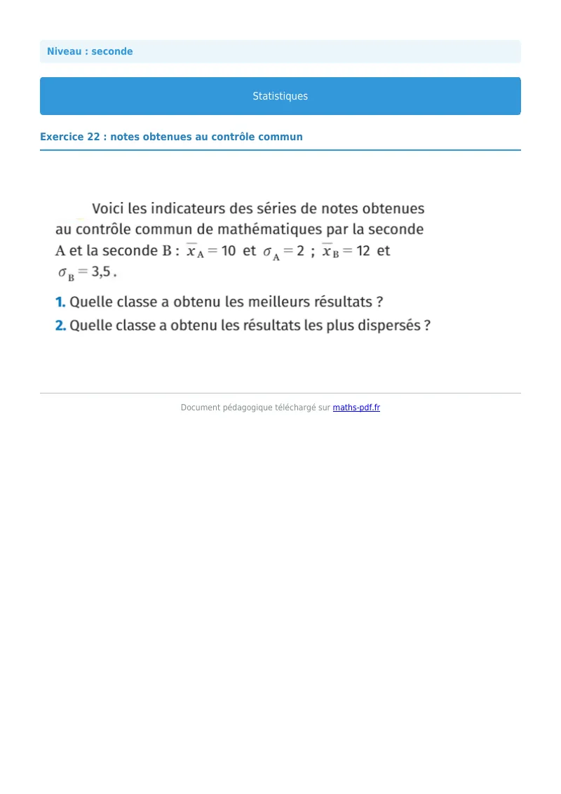 Statistiques : exercice n°22 de maths en seconde corrigé en PDF