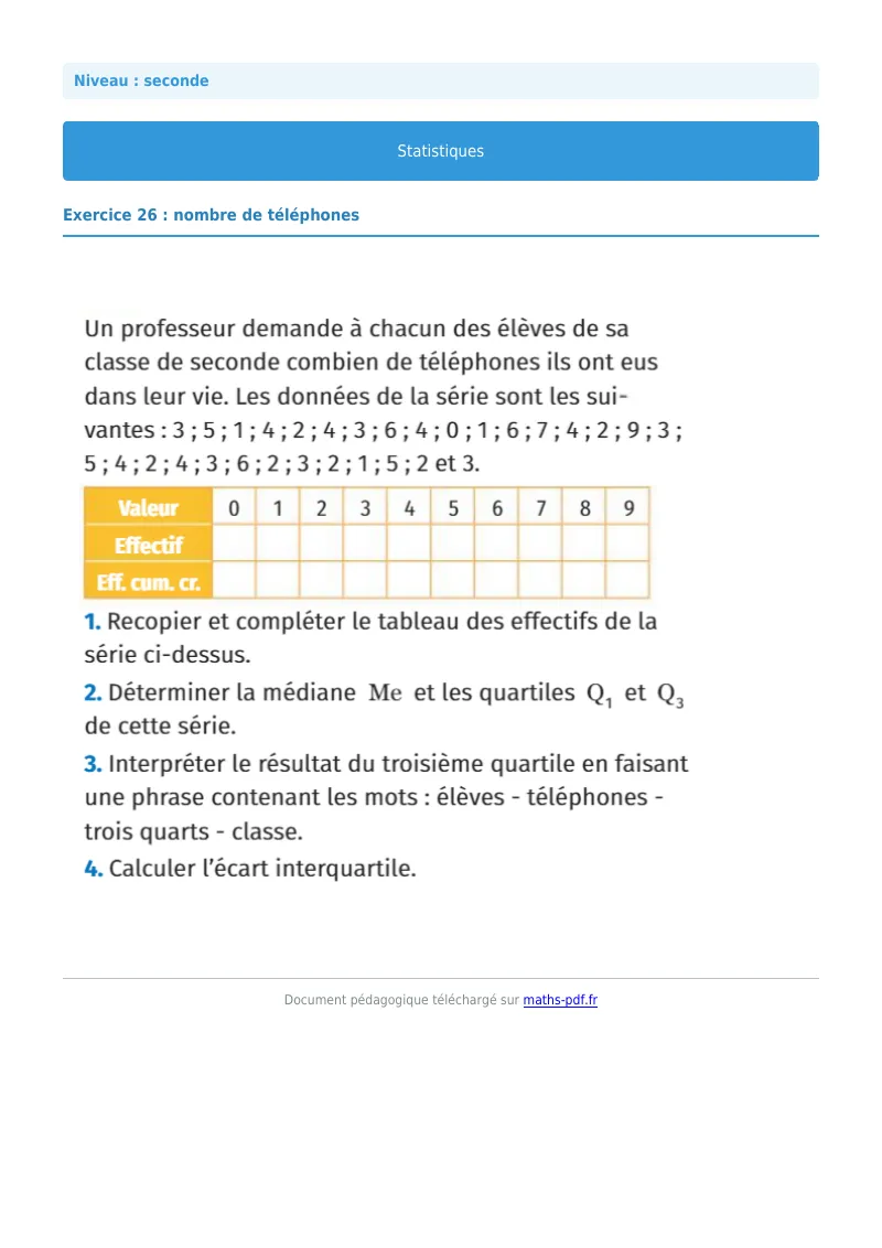 Statistiques : exercice n°26 de maths en seconde corrigé en PDF