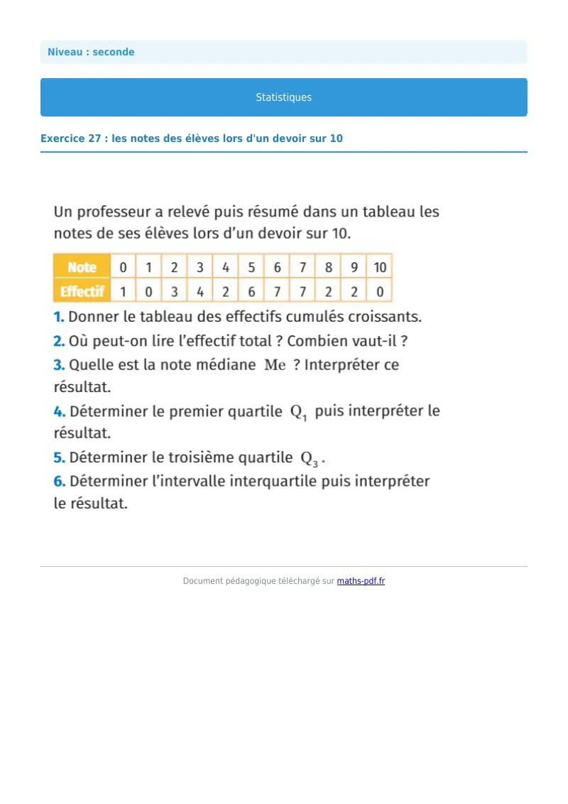 Statistiques : exercice n°27 de maths en seconde corrigé en PDF