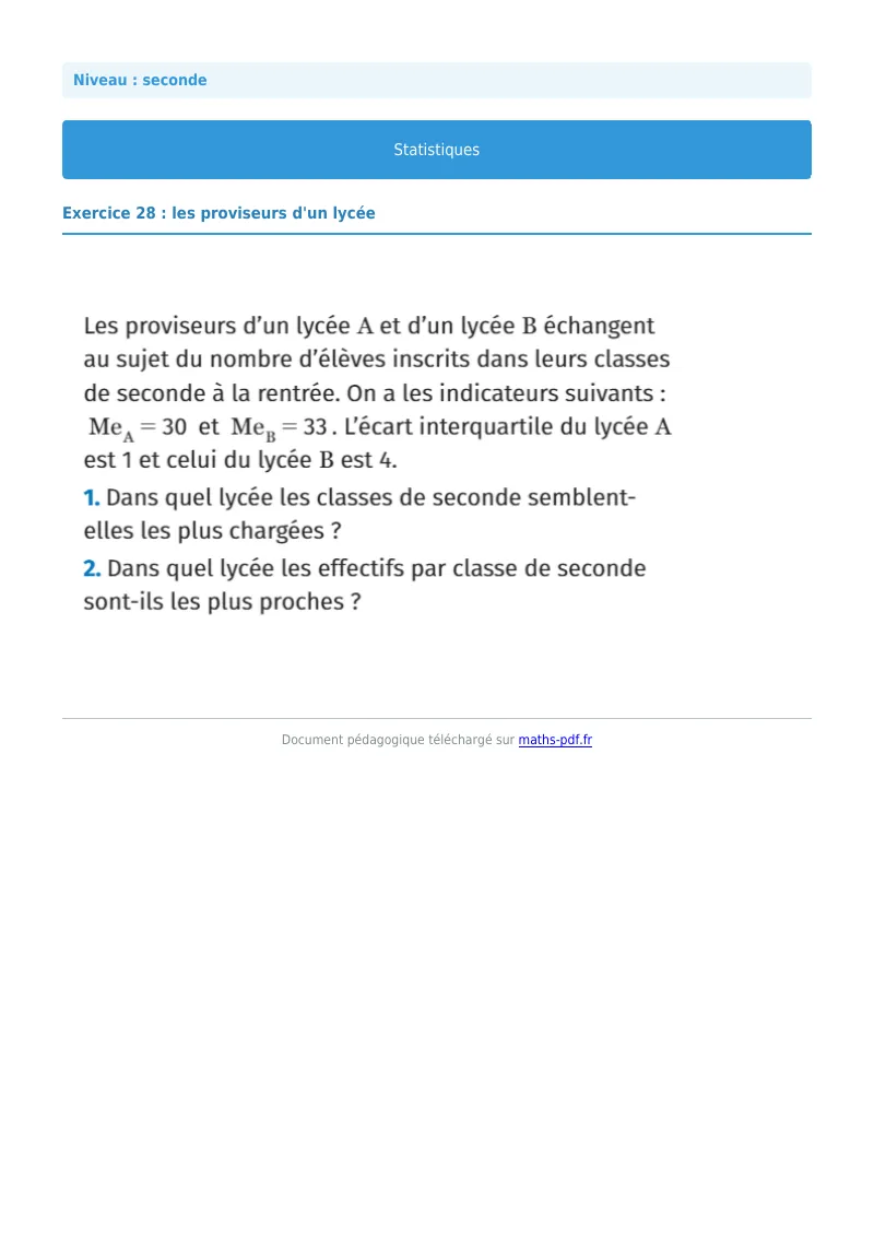 Statistiques : exercice n°28 de maths en seconde corrigé en PDF