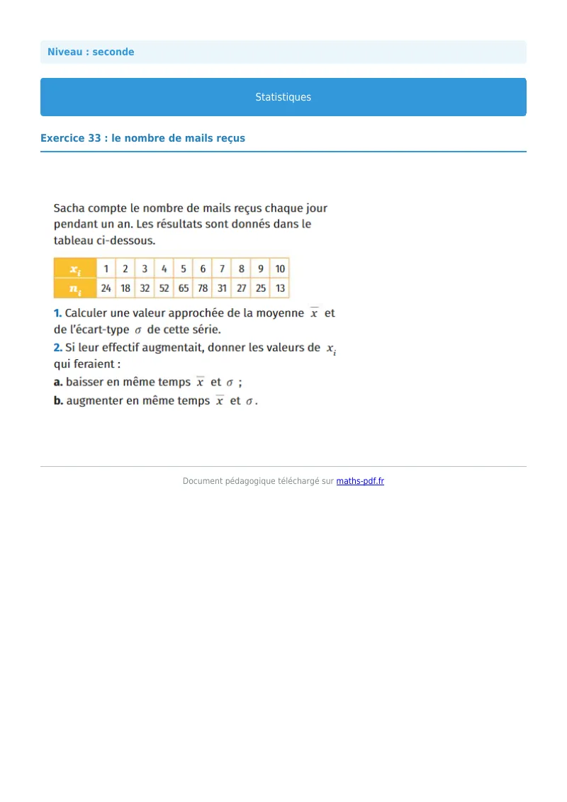 Statistiques : exercice n°33 de maths en seconde corrigé en PDF