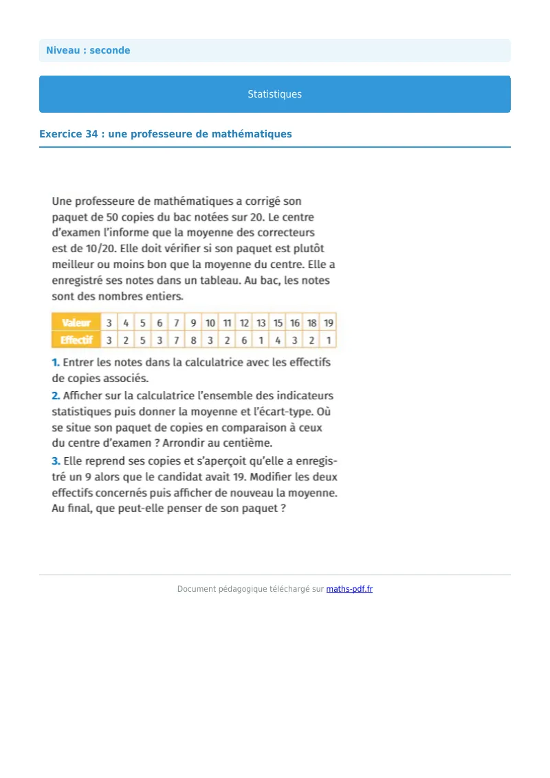 Statistiques : exercice n°34 de maths en seconde corrigé en PDF