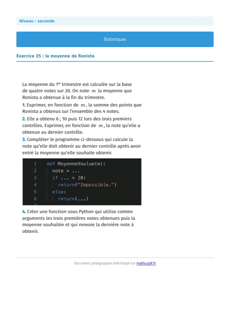 Statistiques : exercice n°35 de maths en seconde corrigé en PDF
