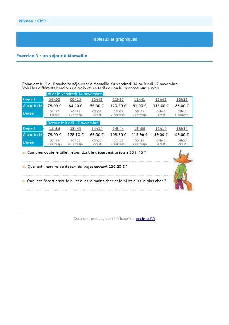 Tableaux et graphiques : exercice n°3 de maths en CM1 corrigé en PDF