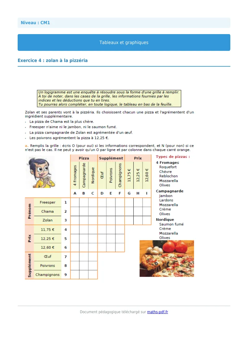 Tableaux et graphiques : exercice n°4 de maths en CM1 corrigé en PDF