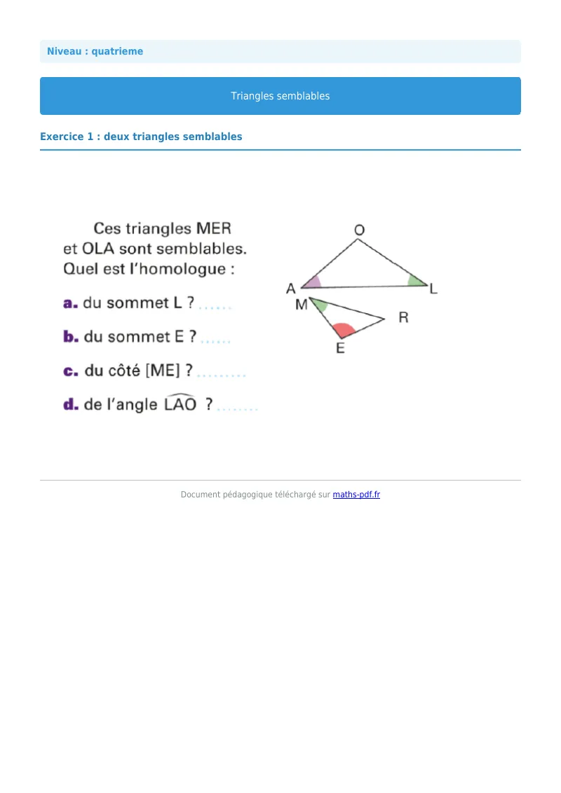 Triangles semblables : exercice n°1 de maths en 4ème corrigé en PDF