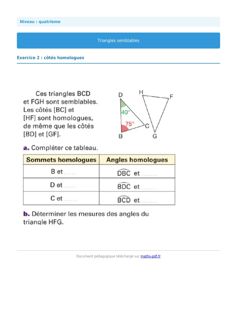 Triangles semblables : exercice n°2 de maths en 4ème corrigé en PDF