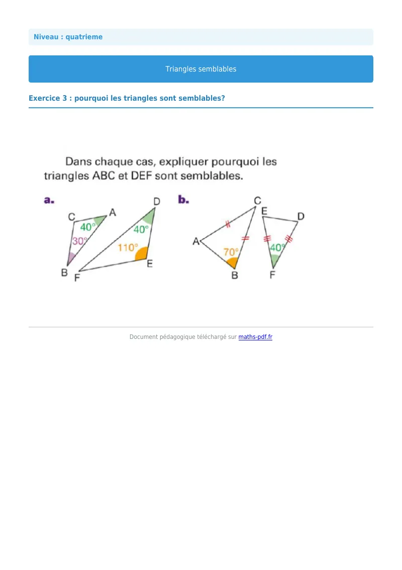 Triangles semblables : exercice n°3 de maths en 4ème corrigé en PDF
