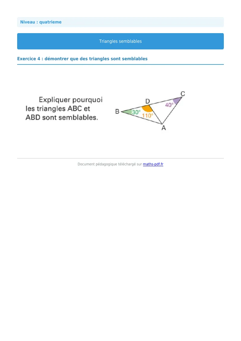 Triangles semblables : exercice n°4 de maths en 4ème corrigé en PDF