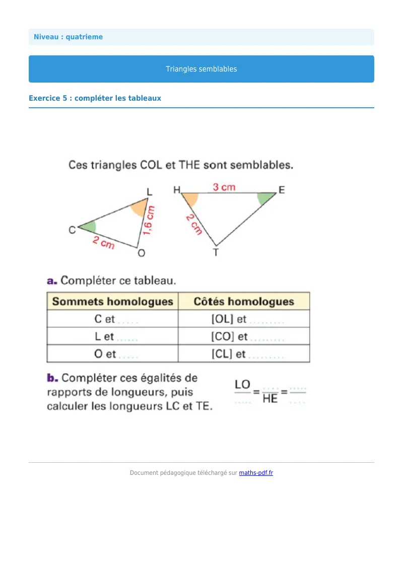 Triangles semblables : exercice n°5 de maths en 4ème corrigé en PDF