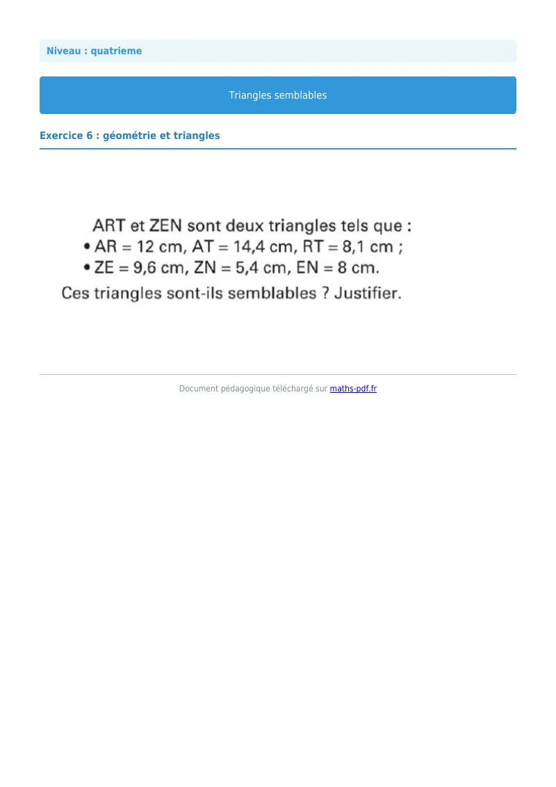 Triangles semblables : exercice n°6 de maths en 4ème corrigé en PDF